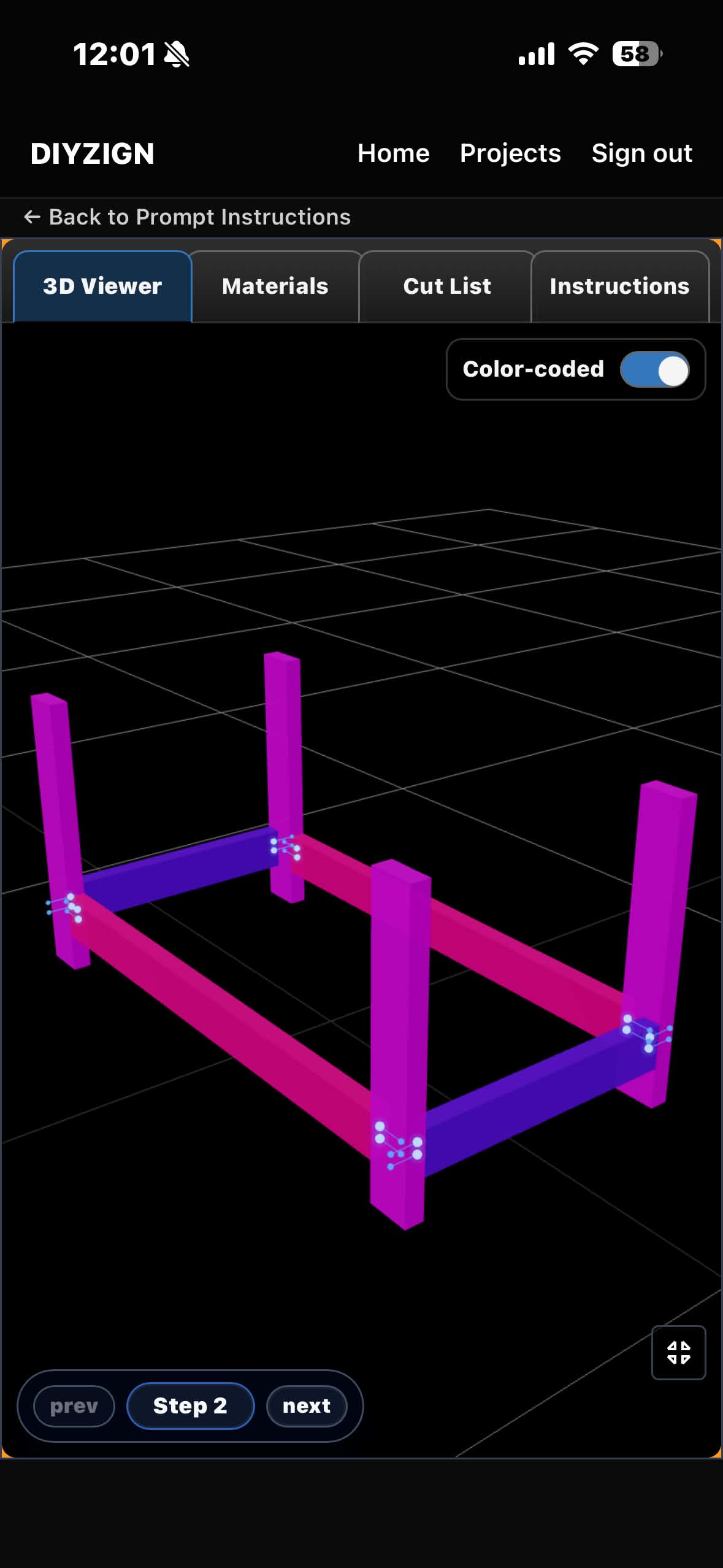3D assembly instructions, color-coded to cut list