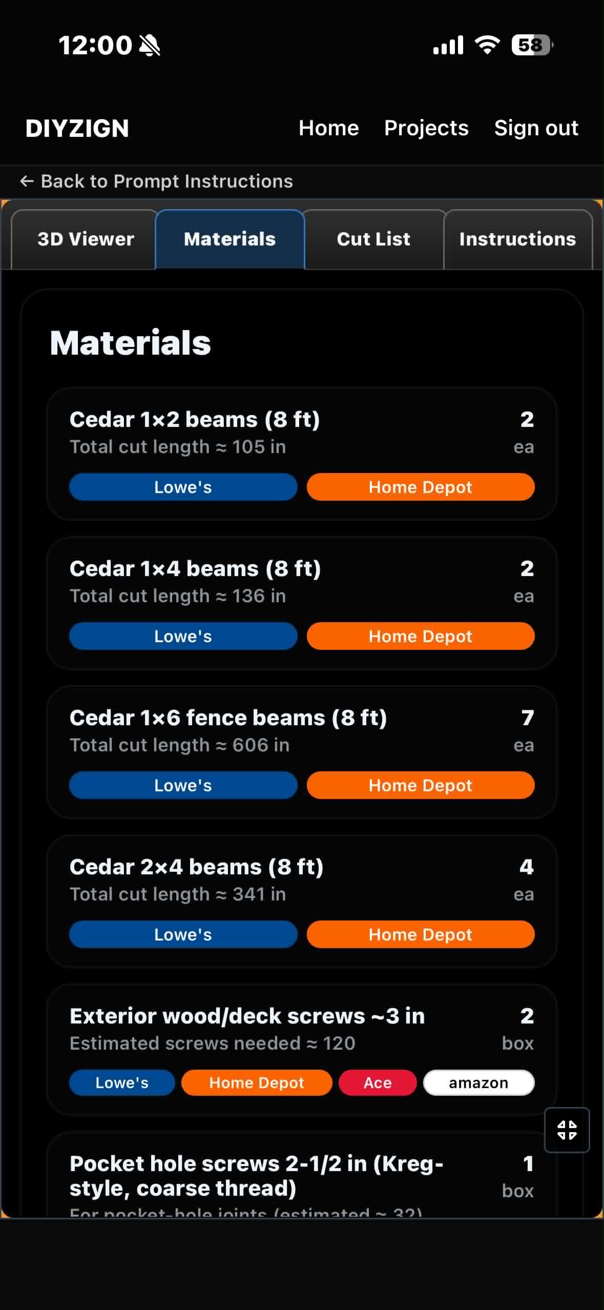 Materials list with retailer purchase links